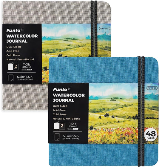 Funto Watercolor Journal, Square, Dual-Sided Cold-Pressed Paper, 5.5" x 5.5", Portable 2-Pack, 48 Pages Each, Elastic Band, 110 lb/230gsm, Art Supplies for Mixed Media