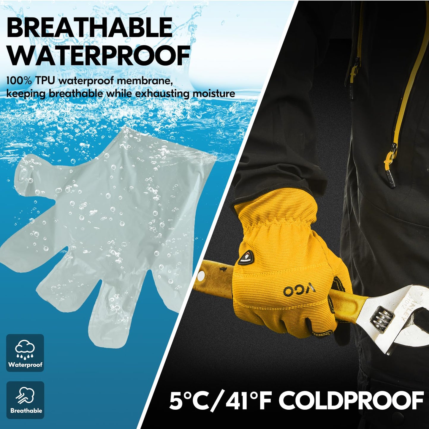 Vgo... 1Pair 5℃/41°F Winter Work Gloves Men, Cold Weather Waterproof Safety Work Gloves,Cold Storage or Freezer Glove, Light Duty Touchscreen Warm Gloves(Yellow,M,NB7581FLWP)