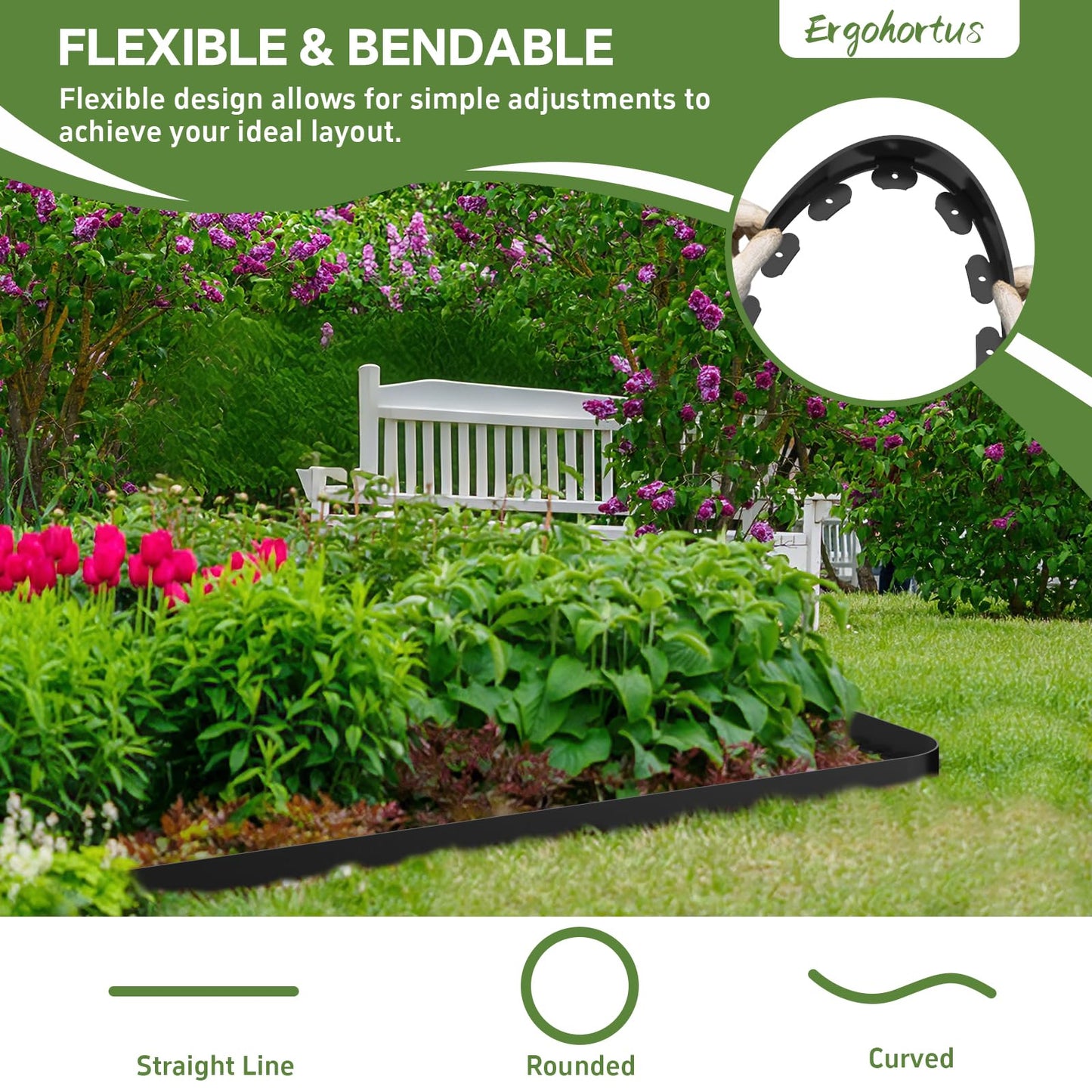 ‎Ergohortus Garden Edging, 32ft Landscape Edging with 50 Pegs, Plastic Garden Edging Border with 5cm High, Flexible for Lawn Edging, Flower Beds Edging, Paver Edging, Grass, Black