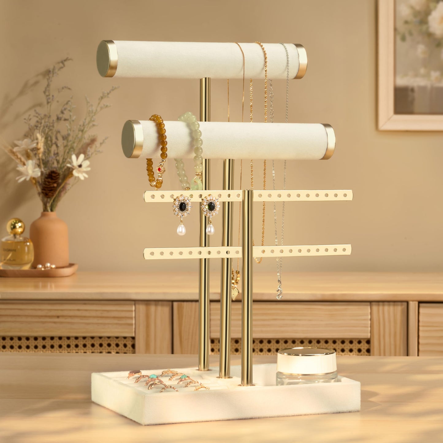 3 Tier Bracelet Holder Display - Beige Velvet Jewelry Organizer Stand, Detachable T Bar Jewelry Holder for Bracelet, Necklace, Watches, Rings, Earrings
