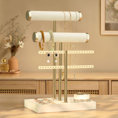 3 Tier Bracelet Holder Display - Beige Velvet Jewelry Organizer Stand, Detachable T Bar Jewelry Holder for Bracelet, Necklace, Watches, Rings, Earrings