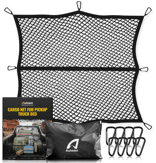 AUTOWN Cargo Net for Pickup Truck Bed - Stretchable 4'x4' to 7'x7', High Elastic Fine Mesh 1''x1'' with 8 Metal Carabiners - Ideal for ATV, SUV, UTV, Truck and Boat Use