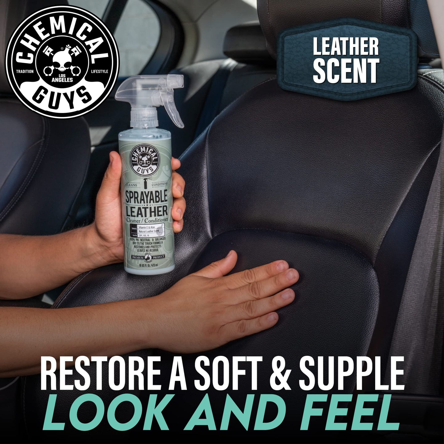 Chemical Guys Sprayable Leather Cleaner and Conditioner in One for Car Interiors, Apparel, and More (Works on Natural, Synthetic, Pleather, and More) Leather Scent, 473 ml