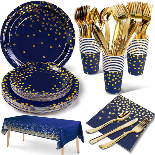 Nkaiso 141 Pieces Navy Blue Gold Party Supplies, Party Dinnerware Sets Include Paper Plates Napkins Cups Silverware, for Wedding Bridal Shower Engagement Birthday Parties Decoration -20 Serves