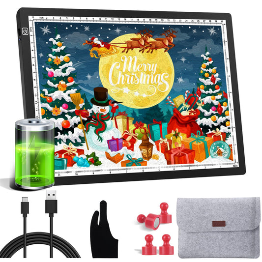 OOWOLF A4 LED Light Box Drawing Rechargeable, Tracing Light Box Copy Board, Table USB Battery Powered 2500mAh, Dimmable, Memory Function Lighting Pad with Free Felt Bag, 4 Magnetic Pins, Glove