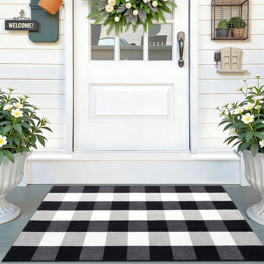 Colorxy Buffalo Plaid Front Door Mat Outdoor 2x4.2 Cotton Handwoven Black and White Layered Welcome Mat Washable Checkered Outdoor Mats for Entrance Porch Front Door Decor