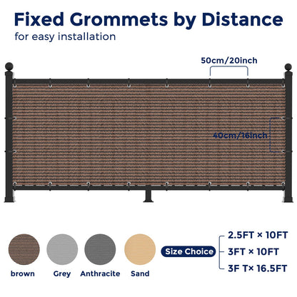 Duerer Balcony Screen Privacy Fence Cover 3' x 16.5' Brown Fence Netting Mesh Shade Cloth Fabric UV Protection for Apartment Balcony Railing Porch Outdoor, Backyard, Patio, Included Cable Ties Rope