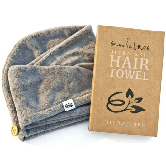 Evolatree Microfiber Hair Towel Wrap for Women – Quick-Dry Anti-Frizz Hair Turban with Wooden Button, Designed in Canada for Mindful Hair Care – Grey
