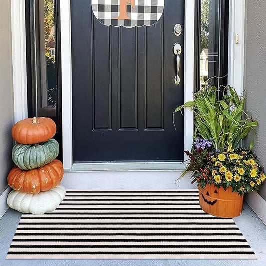Rustaa Black and Beige Front Door Mat Outdoor Cotton Welcome Mat Outdoor Farmhouse Layered Mat Washable Stripe Outdoor Mats for Entrance Front Door Porch Balcony(2x4.2ft)