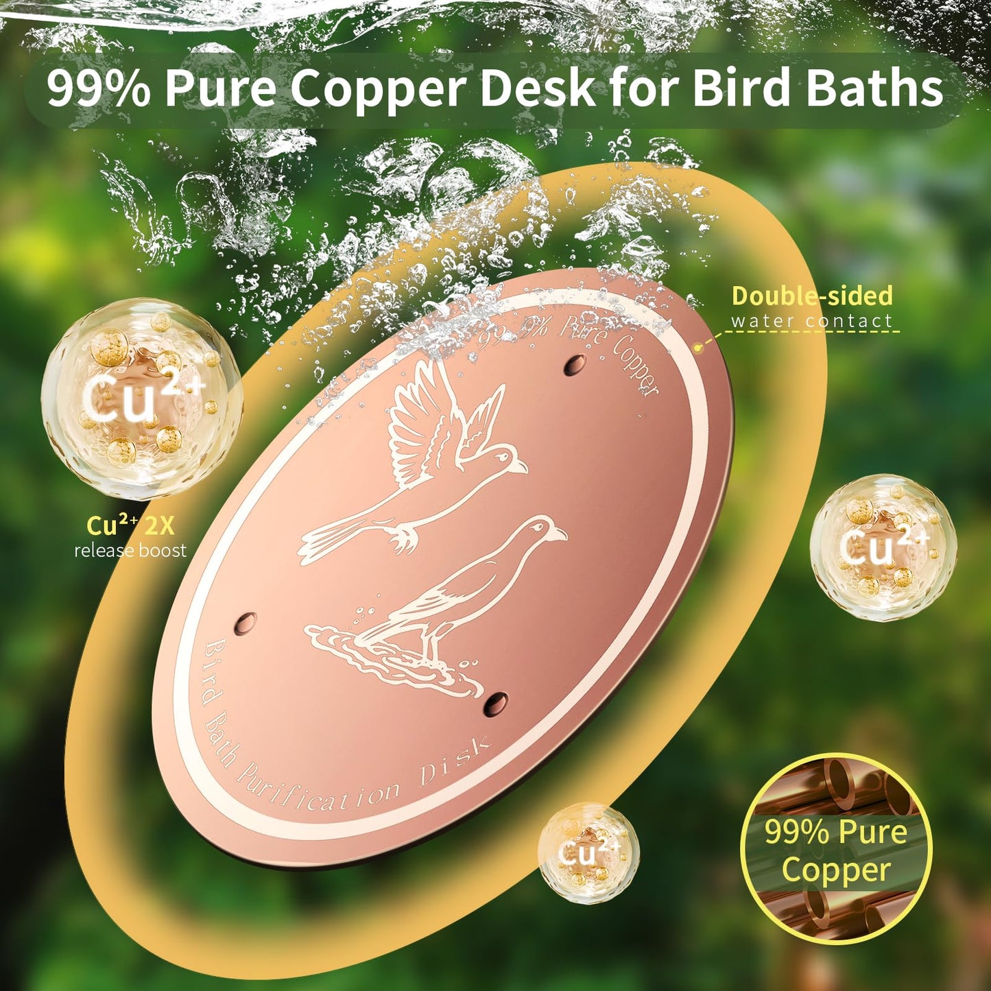 Bird Bath Copper Disk, 99.99% Pure Copper Bird Bath Cleaner, Triple-Point Support, All-Season Water Cleaber for Outdoor Bird Baths & Bowls (2 Pcs)