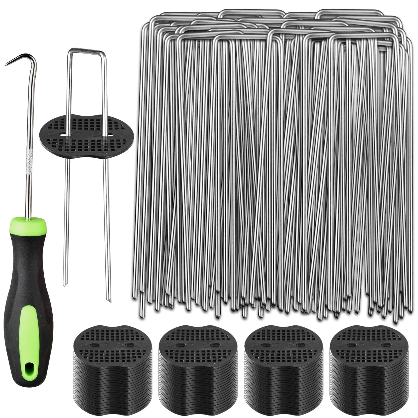 161 Packs 6 Inch Landscape Staples Kit, Heavy Duty Anti-Rust Steel U Shaped Galvanized Garden Stakes, 80 Garden Staples, 80 Fixing Gasket and 1 Pick Hook for Tent, Lawn, Netting, Water Tube