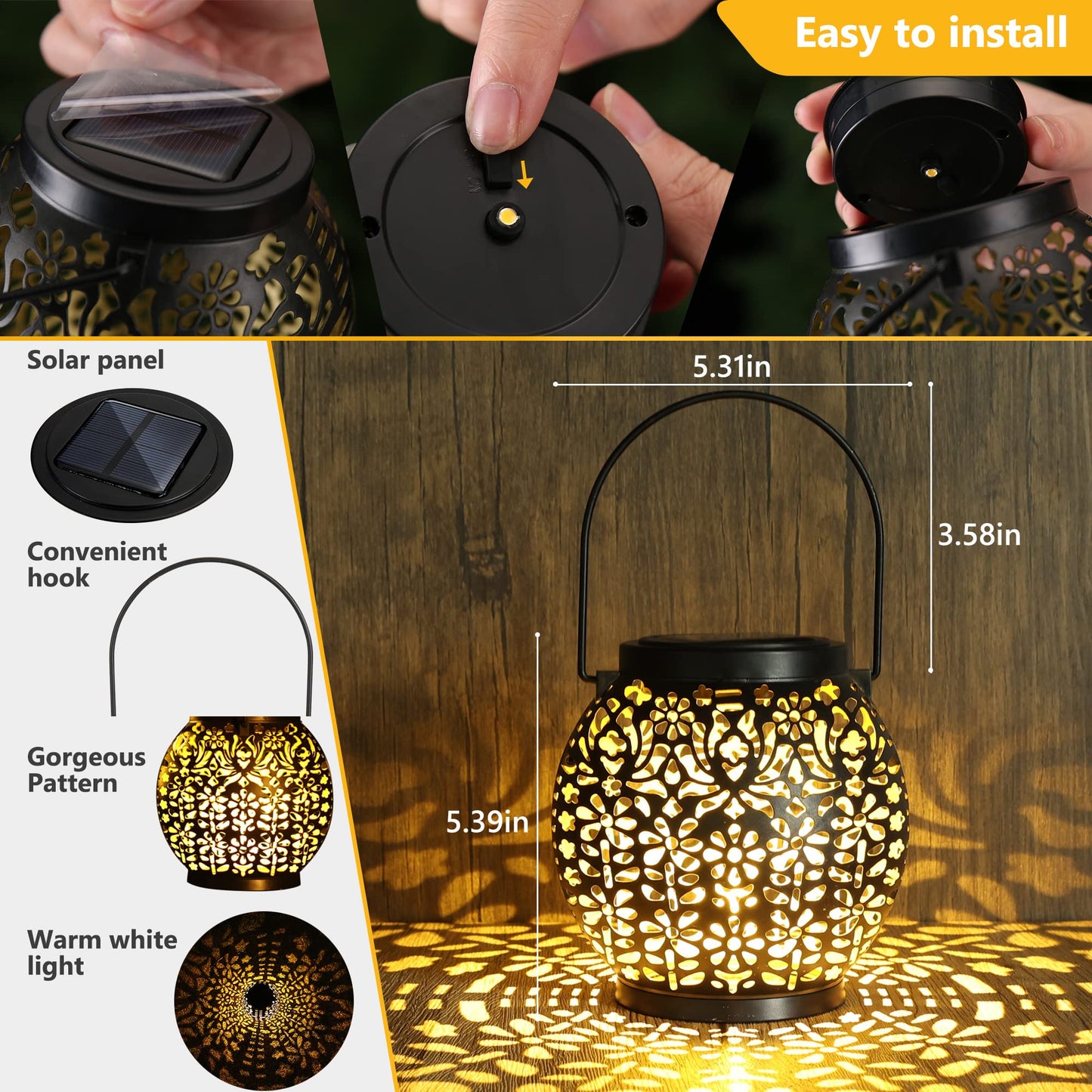 Brizled 2 Pack Outdoor LED Solar Hanging Lantern Lights with Star Projection, Warm White, Waterproof for Garden Patio Courtyard Path