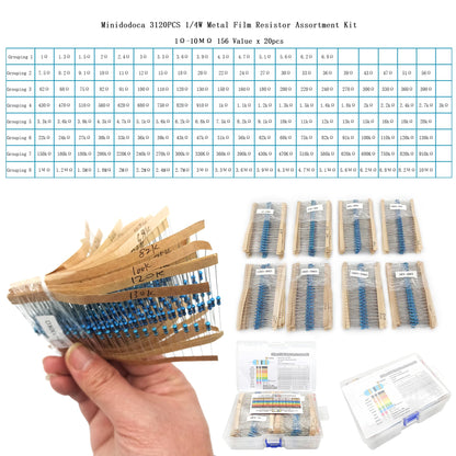 3120pcs 156 Values Metal Film Resistor Kit Minidodoca 1 Ohm-10M Ohm 1/4W 0.25 watt ±1% Tolerance Fixed Resistors Assortment Kit RoHS Compliant 100 1000 1k 10k 100k ohm Resistor Pack for DIY Projects