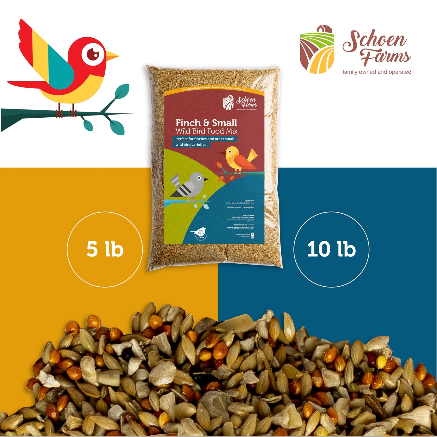 Schoen Farms Finch & Small Bird Seed Mix – 4.54 kg Bag – Shell-Free Wild Bird Food for Finches, Chickadees, Siskins & Songbirds – Grown in Canada
