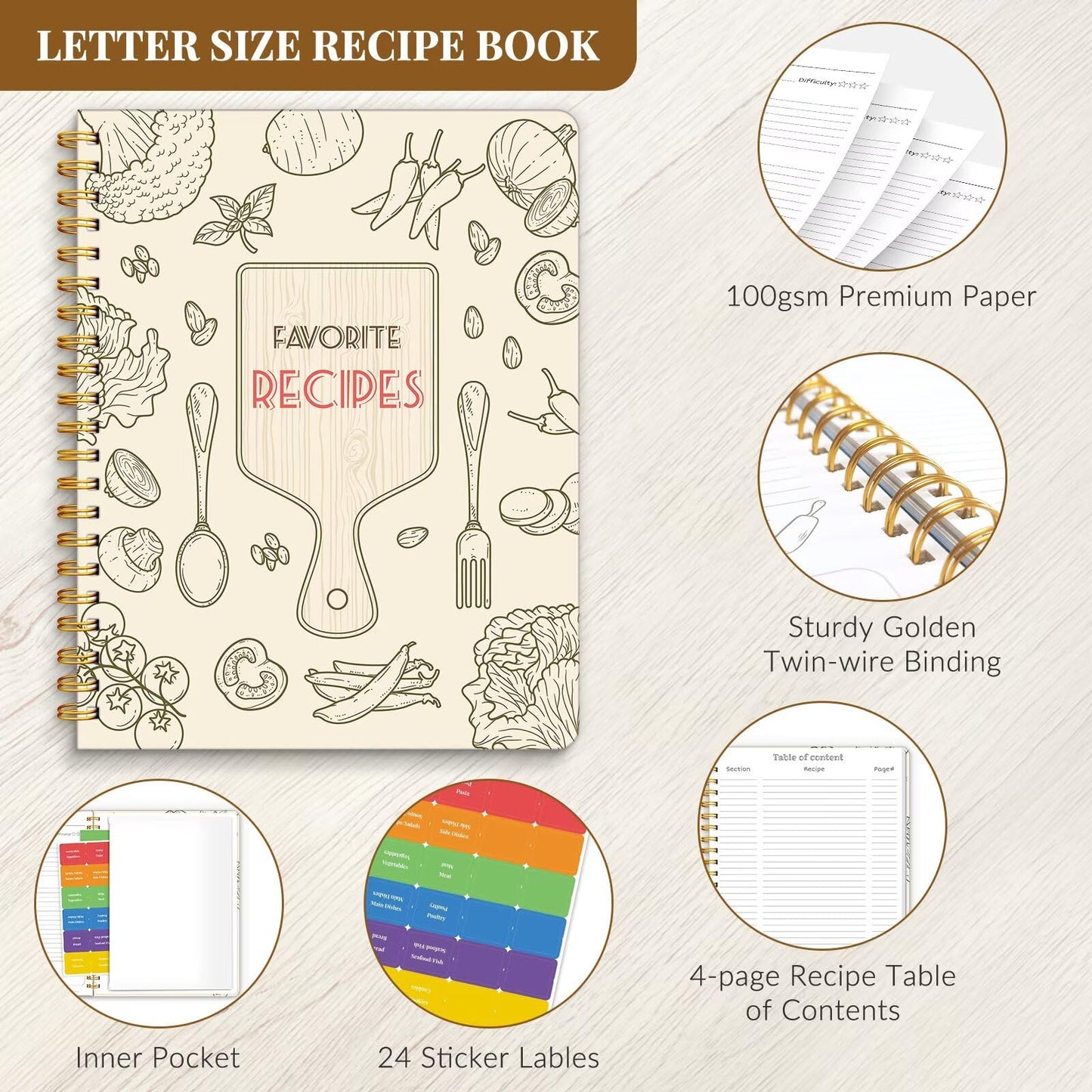 LuBudingJoy Blank Recipe Notebook to Write in Your Own Recipes, Full Page Sprial Hardcover Personal Recipe Organise, Recipe Journal(Wood Color)