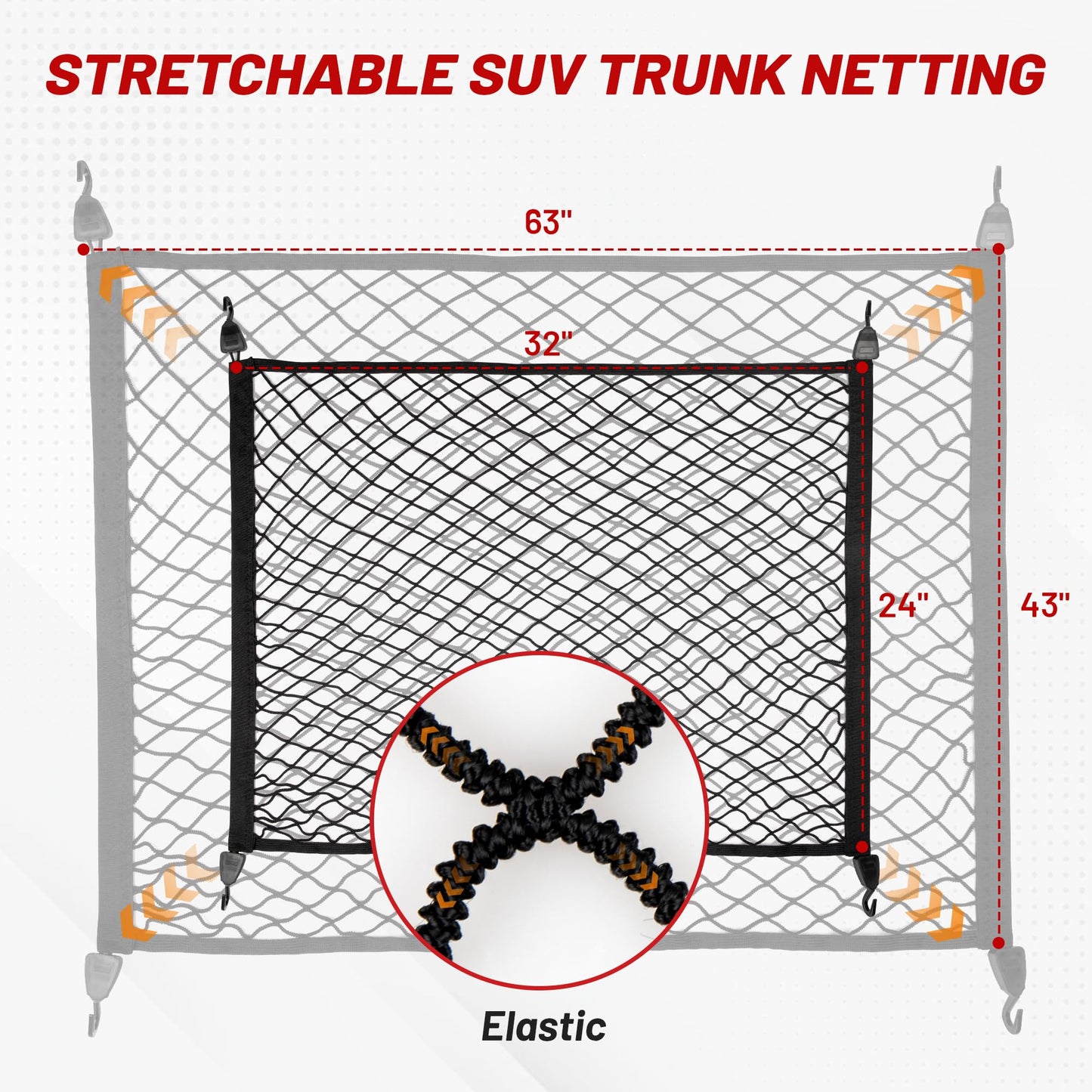 RED WOLF Elastic Cargo Net for SUV Pickup Trunk Bed Netting Trunk Bed Cover Net Stretchable Mesh Organizer 32" x 24" Stretch to 63"x43" with Fixing Hooks D-Rings