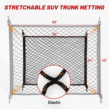 RED WOLF Elastic Cargo Net for SUV Pickup Trunk Bed Netting Trunk Bed Cover Net Stretchable Mesh Organizer 32" x 24" Stretch to 63"x43" with Fixing Hooks D-Rings
