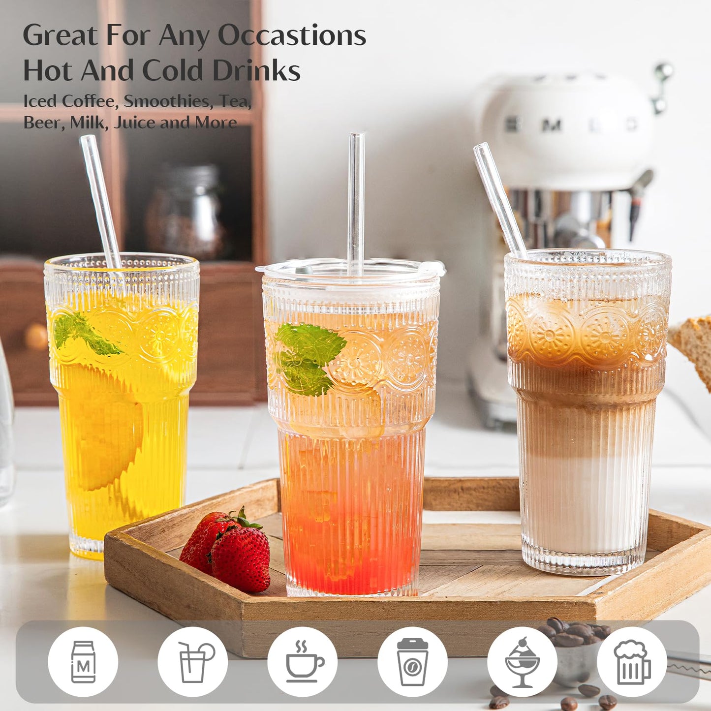 INSETLAN 20oz Ribbed & Floral Glass Tumblers with Lids and Glass Straws, Set of 2 – Iced Coffee Cups, Reusable Drinking Glasses for Water, Smoothies, Tea, and Juice – Perfect for Travel & Daily Use