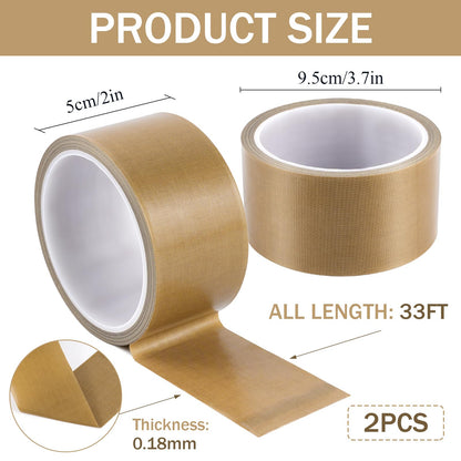 Lainballow 2 Rolls Teflon Fabric Tape, 2''×30Ft PTFE Tape, PTFE Coated Fiberglass Adhesive Tape for Vacuum Sealer Machine, Hand Impulse Sealers Insulation for FoodSaver,Seal A Meal,Weston,0.18mm Thick