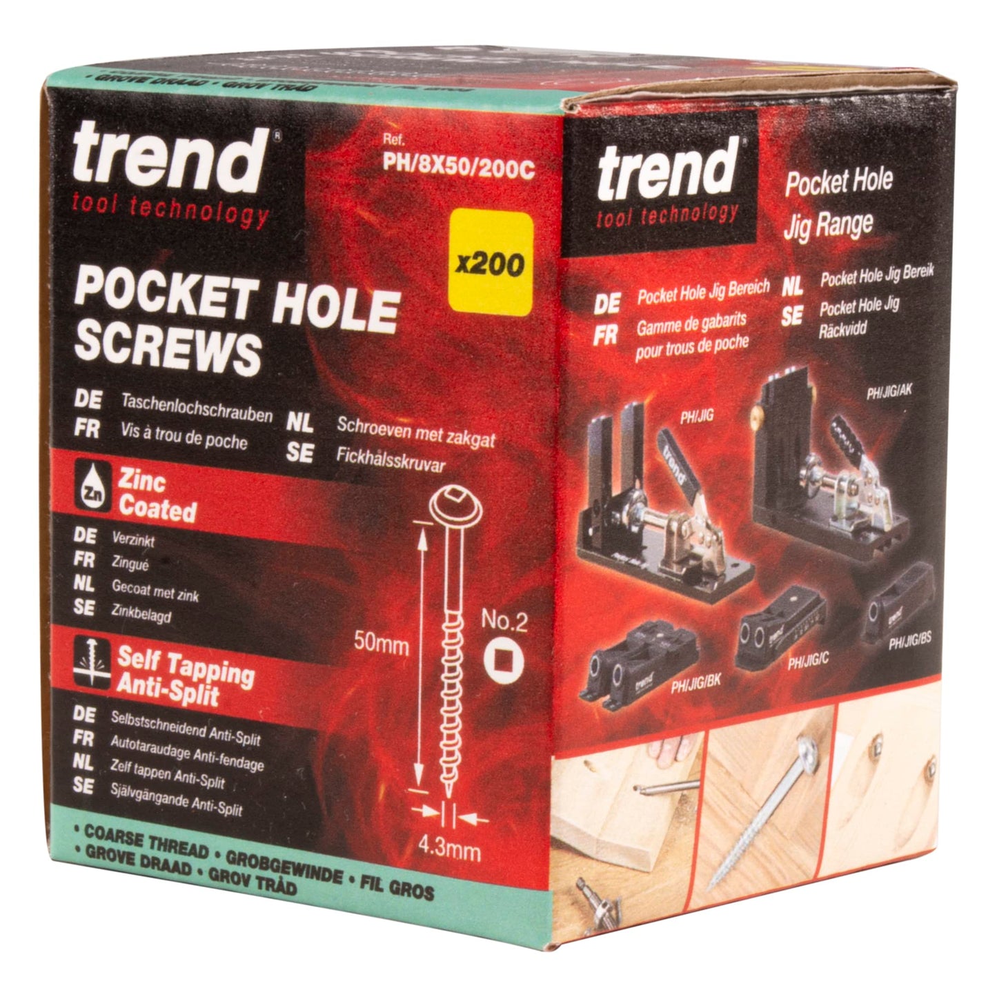 Trend Pocket Hole Screws for Softwoods, 50mm Long, Pack of 200, Coarse Self-Cutting Threaded Square Drive Screws, PH/8X50/200C