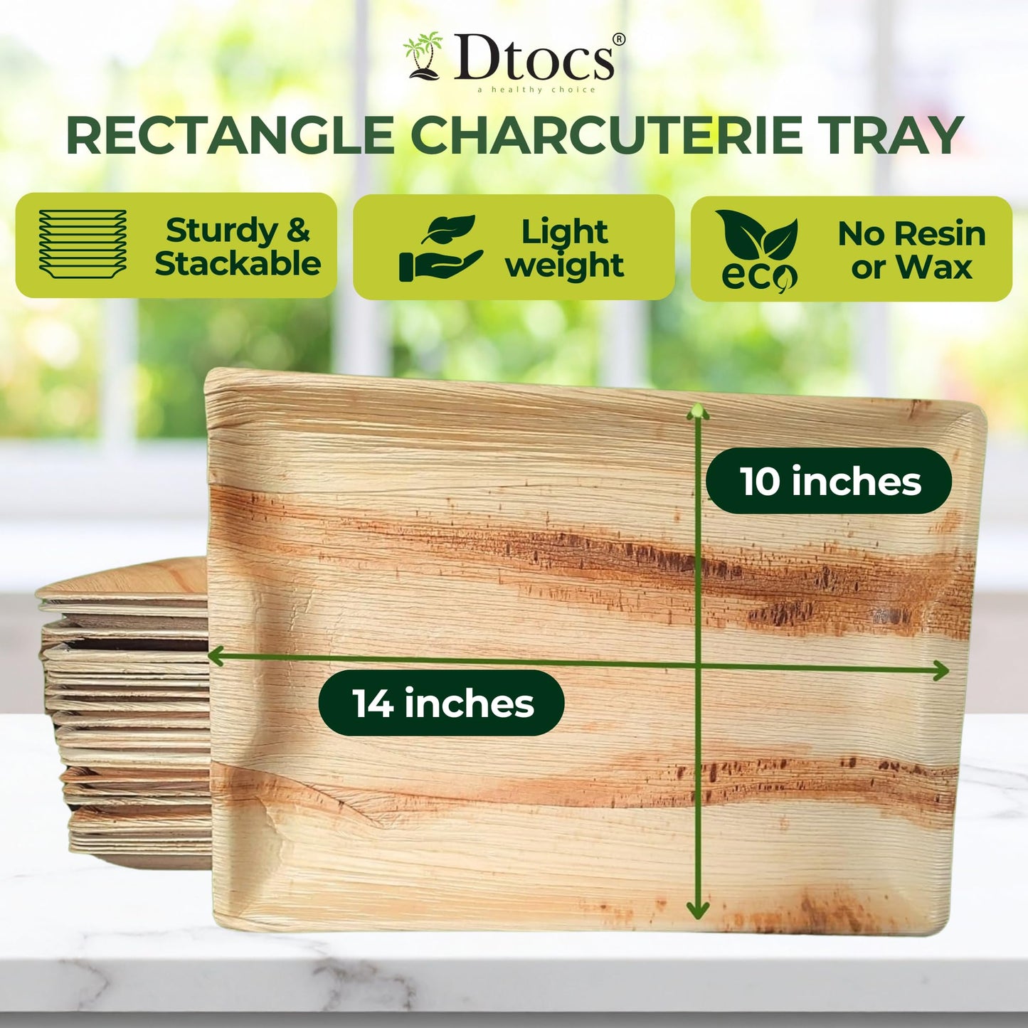 Dtocs Disposable Charcuterie Boards 14x10 Inch (10 Pcs) | Microwavable Disposable Serving Platters, Cheese Board, Party Trays, Serving Boards | Palm Leaf Trays for Catering, Grazing Table Supplies