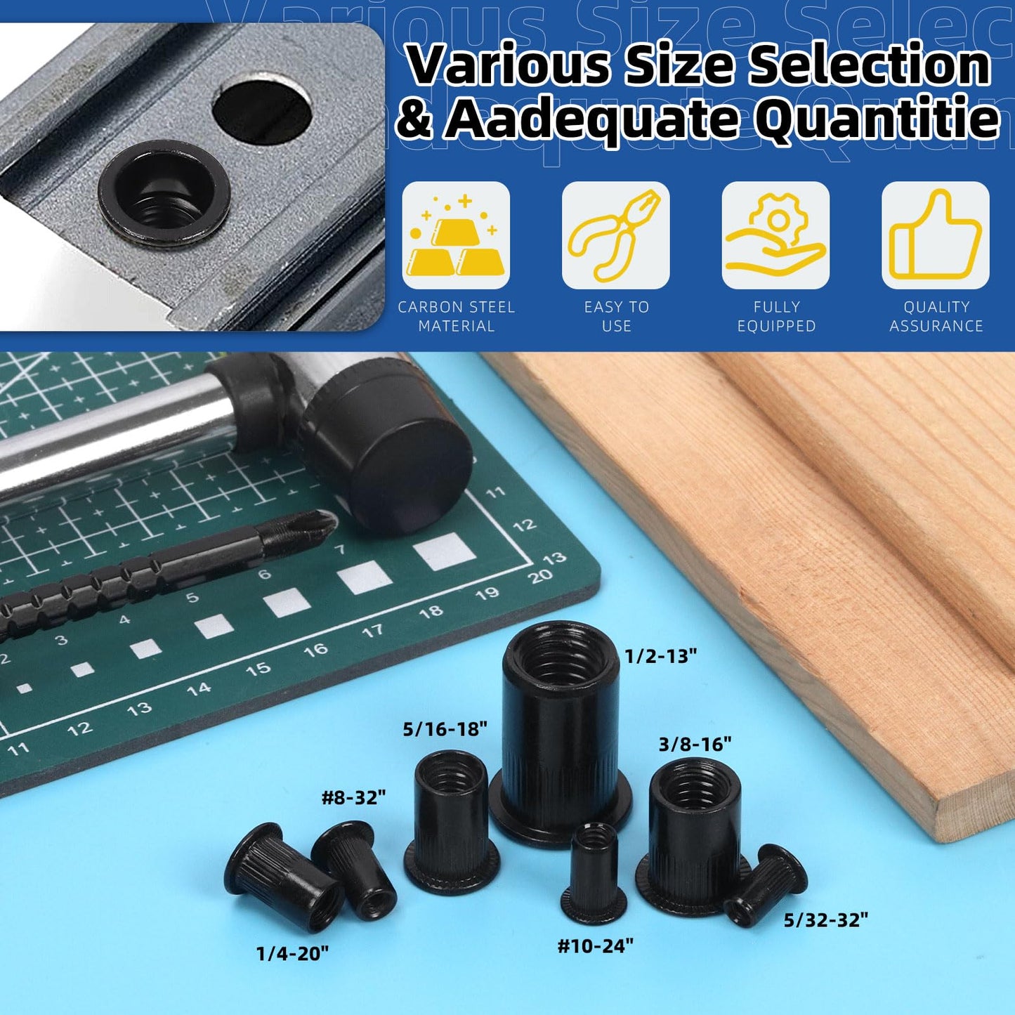 Glarks 320Pcs 5/32"-32UNC 8-32UNC 10-24UNC 1/4"-20UNC 5/16"-18UNC 3/8"-16UNC 1/2"-13UNC Rivet Nuts Kit Black Zinc Plated Carbon Steel Flat Head Rivnut Threaded Insert Rivet Nuts Assortment Set