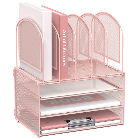 DALTACK Paper Desk Organizer, 3-Tier Letter Tray with 5 Vertical File Holders, Multifunction Desk Organizer, Desktop File Folder Organizer, Desk Organizers and Accessories for Home Office, Pink