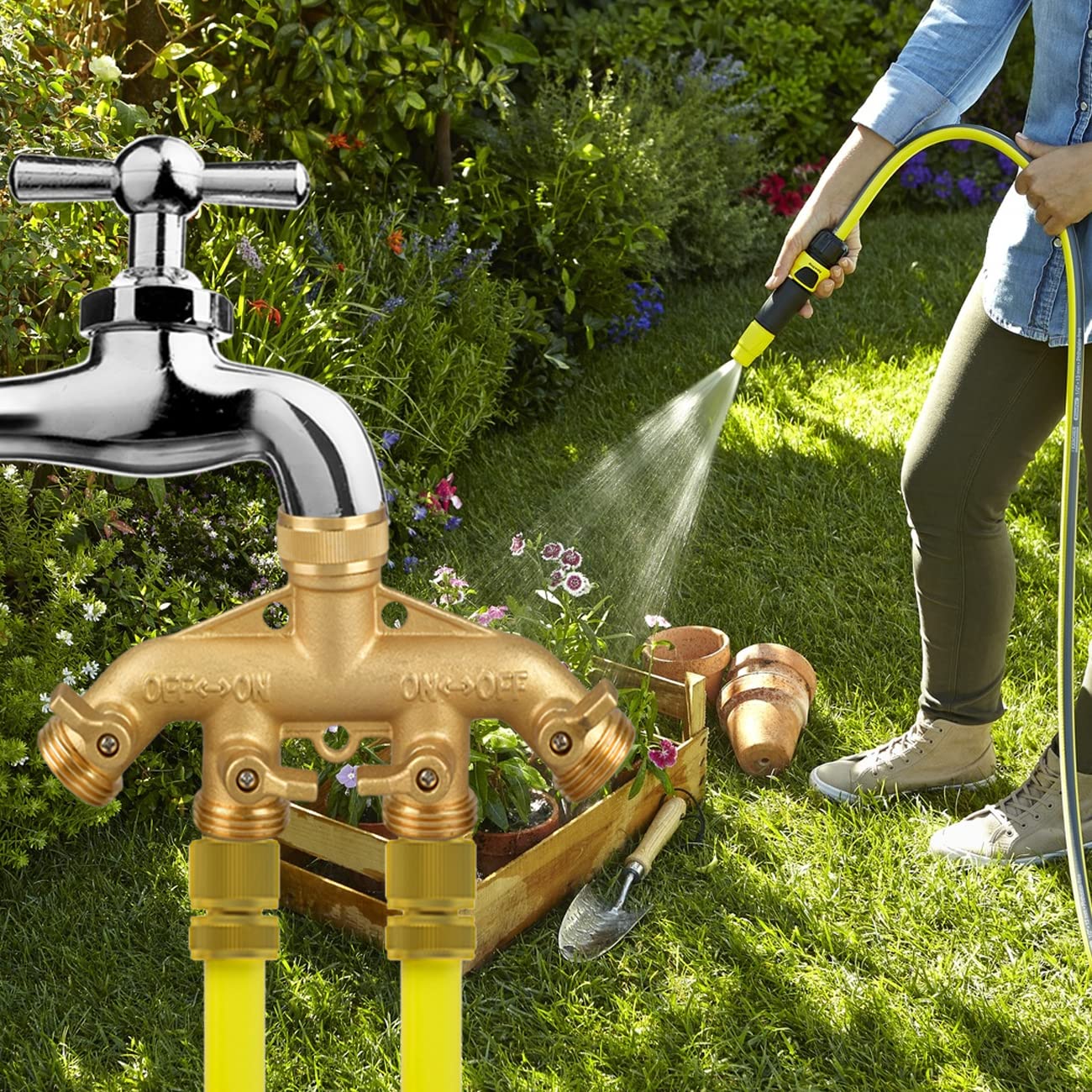 Garden Hose Splitter 4 Way, 3/4" Water Splitter with 8 Gaskets and 1 Seal Tape, 4 Way Independent Valve Heavy Duty Brass Body Garden Hose Connector for Gardens, Home Life, Household Use