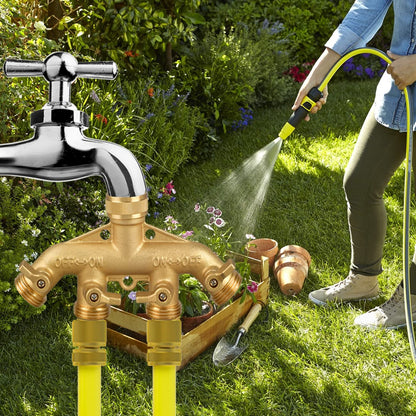 Garden Hose Splitter 4 Way, 3/4" Water Splitter with 8 Gaskets and 1 Seal Tape, 4 Way Independent Valve Heavy Duty Brass Body Garden Hose Connector for Gardens, Home Life, Household Use