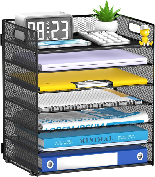 Reeplan 7-Tier Paper Organizer for Desk, Mesh Desk File Organizer with Handle, Paper Letter Tray File Sorter for Office Home School (Black)