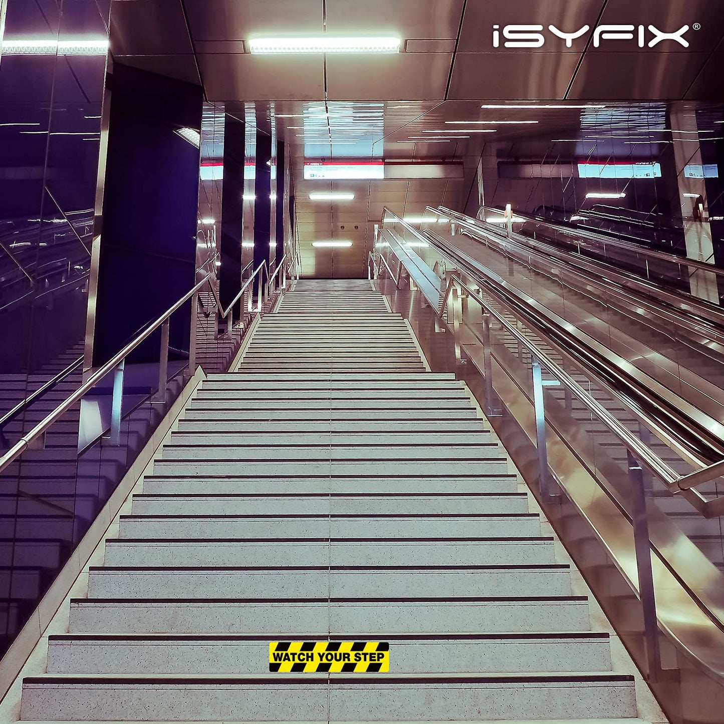iSYFIX Watch Your Step Floor Decals Stickers - 6 Pack 20x5 Inch - Premium Self-Adhesive Vinyl, Laminated Anti-Slip, Water Resistance, sticker Indoor & Outdoor