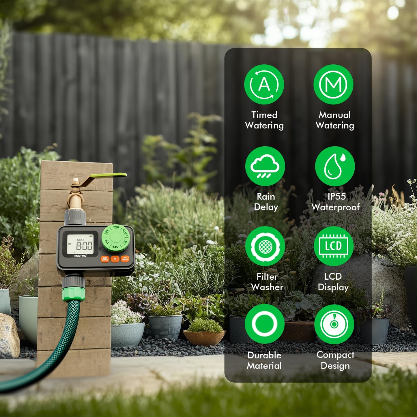 RESTMO Water Timer, Sprinkler Timer for Garden Hose, Programmable Hose Timer with Automatic/Rain Delay/Manual Watering, Digital Irrigation Timer for Outdoor Faucet, Yard and Lawn