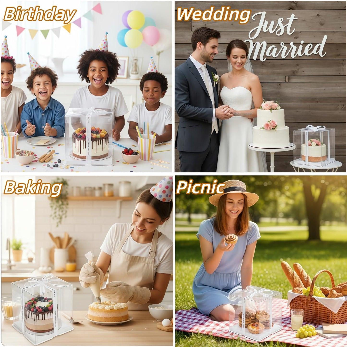 Cididu 6 Pcs Clear Cake Box with Ribbon, 2-Layer Tall Cake Packaging Boxes 8x8x9 Inch, PET Cake Carrier Transport Container for Tiered Cakes, Transparent Gift Display Boxes with Lid for Birthday Party