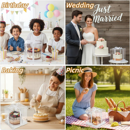 Cididu 6 Pcs Clear Cake Box with Ribbon, 2-Layer Tall Cake Packaging Boxes 8x8x9 Inch, PET Cake Carrier Transport Container for Tiered Cakes, Transparent Gift Display Boxes with Lid for Birthday Party