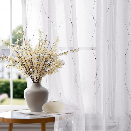 Deconovo White Semi Sheer Curtains 84 Inch Length 2 Panels Set, Grommet Voile Curtains Wave Line with Dots Printed, Elegant Home Decoration(52W x 84L Inch, White/Silver, 2 Panels)