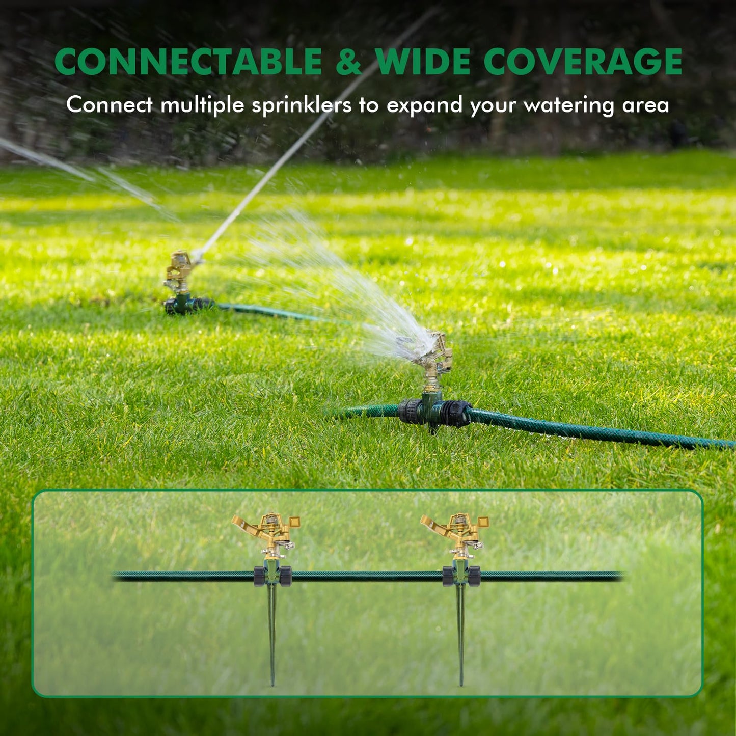 RESTMO Heavy Duty All-Metal Impact Sprinkler, Zinc Alloy Lawn Sprinkler Head on Sturdy Spike Base, 360° Adjustable Coverage Nozzle for Large Area Irrigation