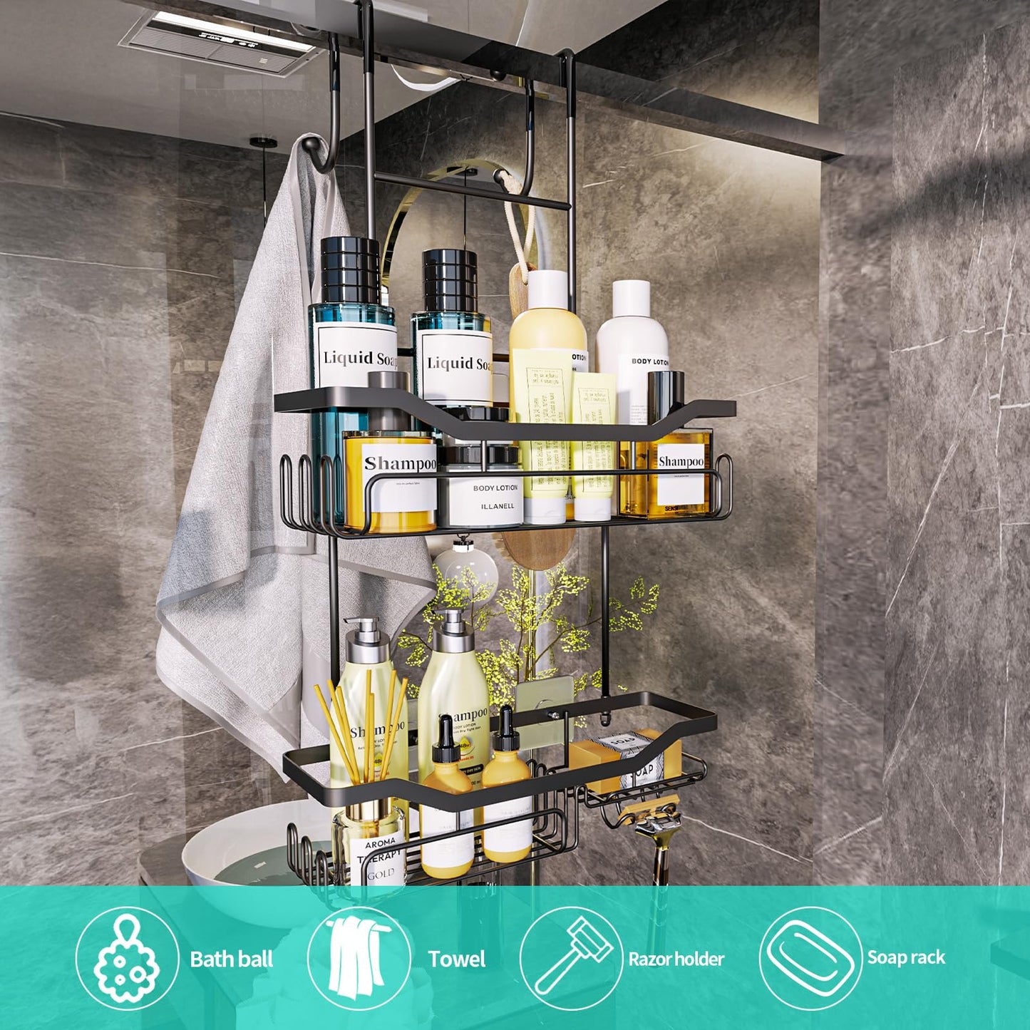 HapiRm Shower Caddy Hanging Over the Door, 2 Tier No Drilling Bathroom Shelf, Shower Shelf with Soap Holder, Waterproof Rust Resistant Bathroom Rack for Shampoo, Conditioner, Soap, Towel, Black
