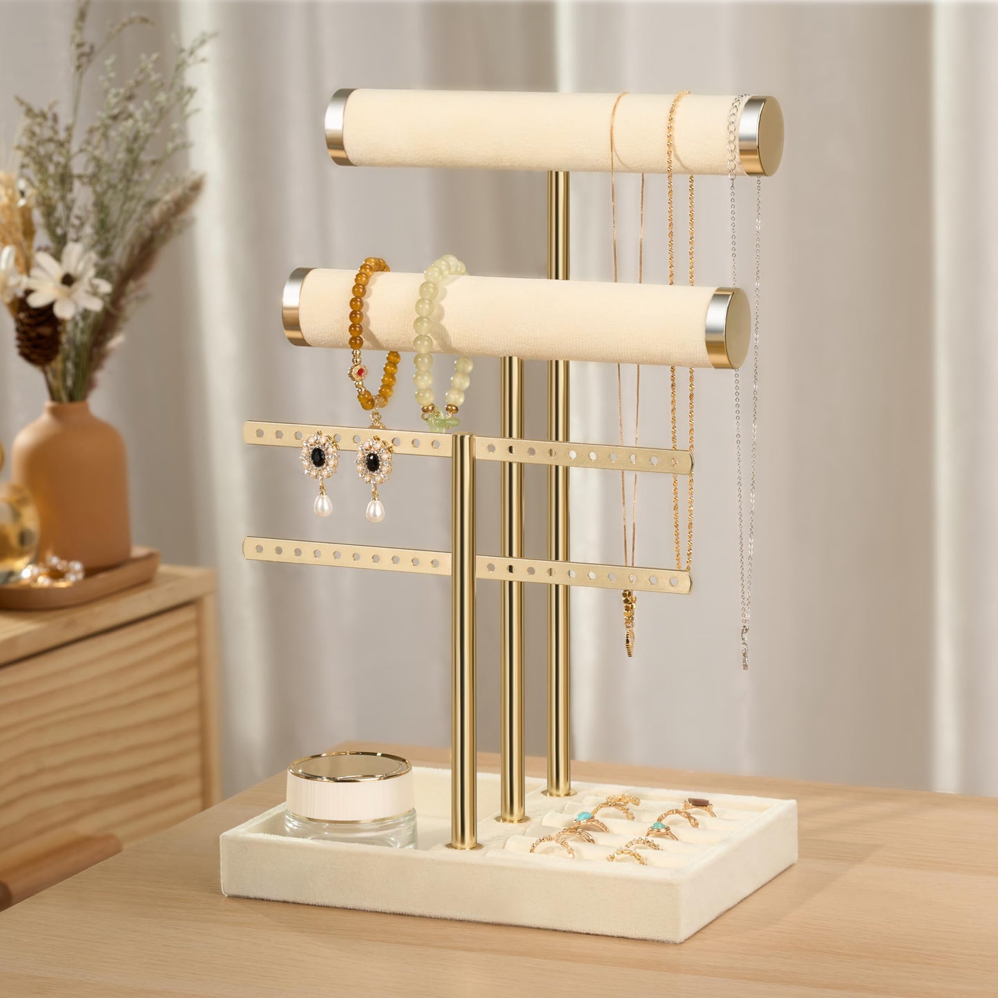3 Tier Bracelet Holder Display - Beige Velvet Jewelry Organizer Stand, Detachable T Bar Jewelry Holder for Bracelet, Necklace, Watches, Rings, Earrings
