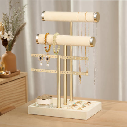 3 Tier Bracelet Holder Display - Beige Velvet Jewelry Organizer Stand, Detachable T Bar Jewelry Holder for Bracelet, Necklace, Watches, Rings, Earrings