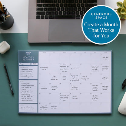 Undated Monthly Desk Pad Planner by Clear Mind Concepts® – 24 Tear-Off Sheets of Premium 160gsm Paper for Effective Home & Office Organization, Productivity, and Study Planning