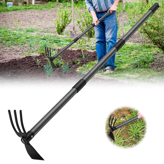 Garden Tool Hoe and Cultivator Hand Tiller with 45inch Adjustable Handle,Heavy Duty Garden Rake with Hoe, Hand Garden Tools Sturdy Sharp