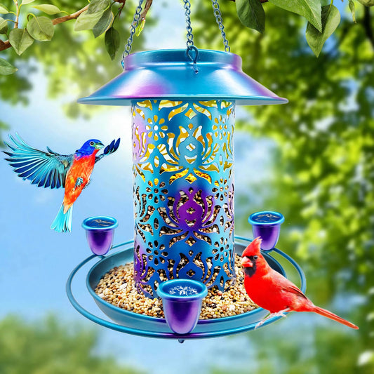 ENKAP Solar Bird Feeder for Outdoors, 3 Nectar Cups for Hummingbirds, Metal Squirrel-Proof Weatherproof, 2-in-1 Garden Lantern Auto Light at Night, Perfect for Birthdays, Christmas, Bird Lovers
