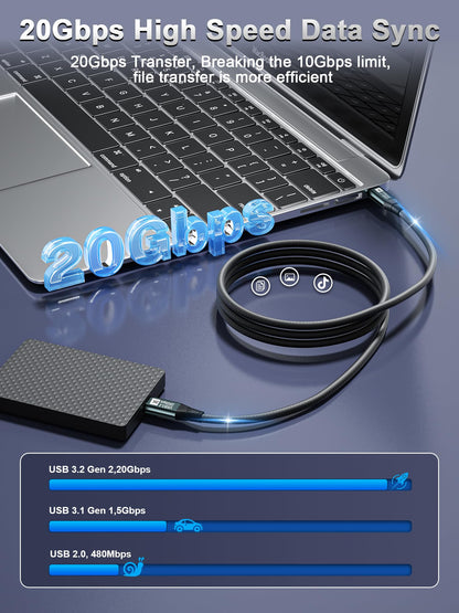 KAKAPOZO USB C to USB C 3.1 Gen 2 Cable-10FT-20Gbps Data Transfer-8K@60Hz Video Output Monitor Cable-100W PD Fast Charging USB C to USB C Display Cable-Type C to Type C