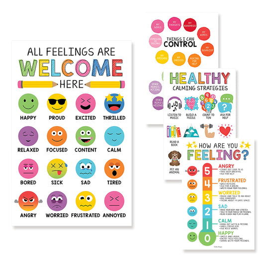 4Pcs Feelings Chart Classroom Posters, 11X17inch Calm Down Corner Wall Art, Inspirational Classroom Posters for Bulletin Board Classroom Décor School Preschool Mental Health Therapy Office