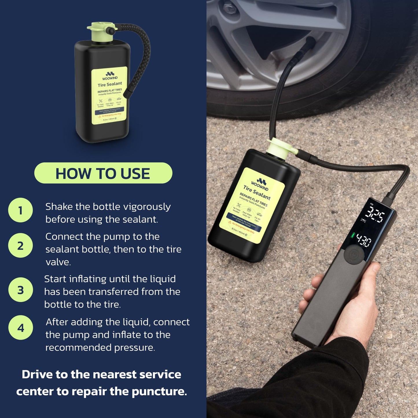 Woowind Tire Sealant Instant Flat Tire Repair Kit (450ml) – Seals Punctures Up to 5mm for Cars, Trucks & SUVs – TPMS Safe, All-Weather, Works with Most Inflators, Drive 125ml