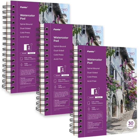 Funto Watercolor Pad 5.5x8.5", 3-Pack, 90 Sheets (140 lb/300 gsm), Double-Sided Cold Press Paper, Spiral Bound, Heavyweight Paper for Watercolor Painting, Ideal for Beginners, Artists and Professionals