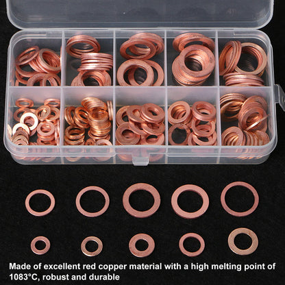 200Pcs Oil Drain Plug Gaskets, 9 Sizes Red Copper Crush Washer Gasket Drain Plug Washer, Automotive Flat Sealing Gasket Rings Spacer Seal Assortment Set, M5 M6 M8 M10 M12 M14