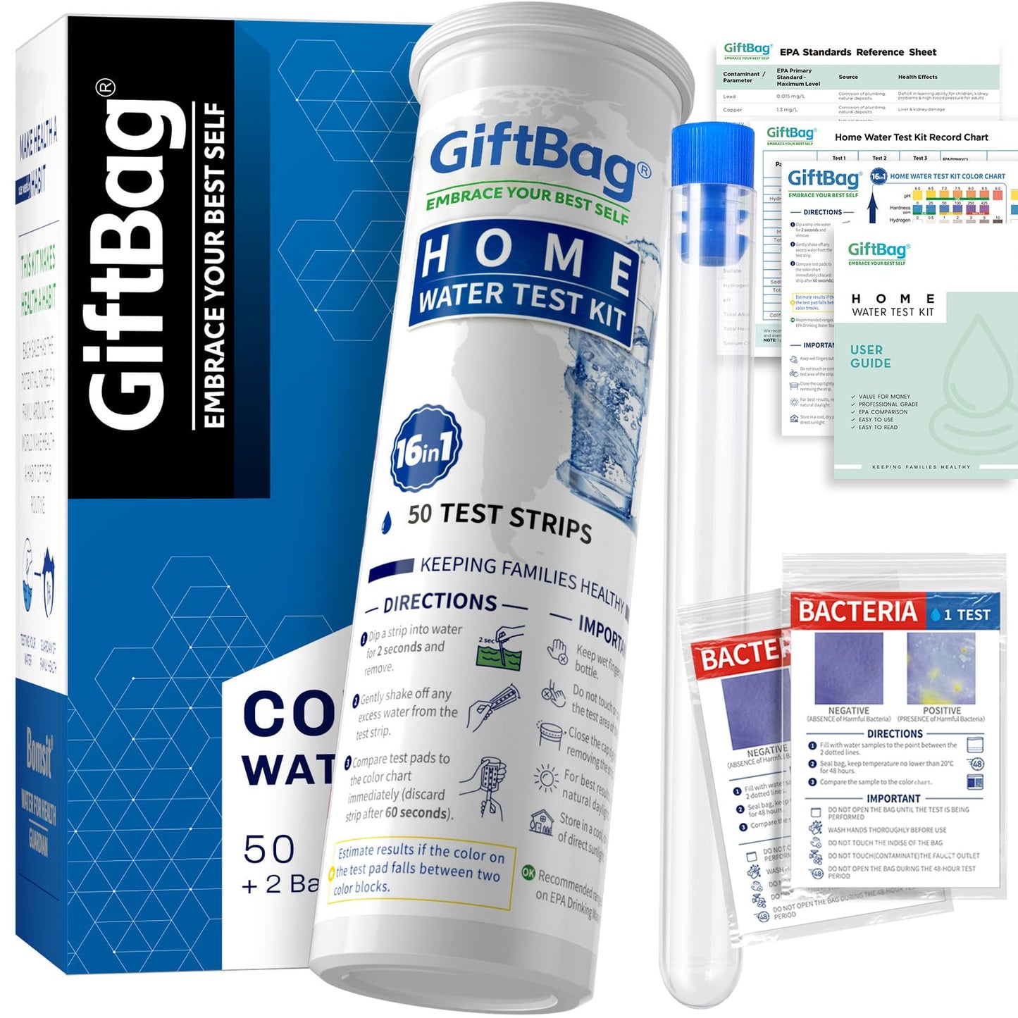 17 in 1 Complete Drinking Water Testing Kit - 50 Strips + 2 Bacteria Tests - Tap and Well Water Test Kit, Easy to Test and Read for Hardness, Lead, Iron, Fluoride, pH, Copper, Bacteria and More