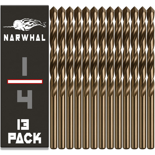 Narwhal 1/4" Drill Bits (M35 Cobalt - 13 Pack) 4 Inch Length for Drilling Into Metal, Hardened & Stainless Steel