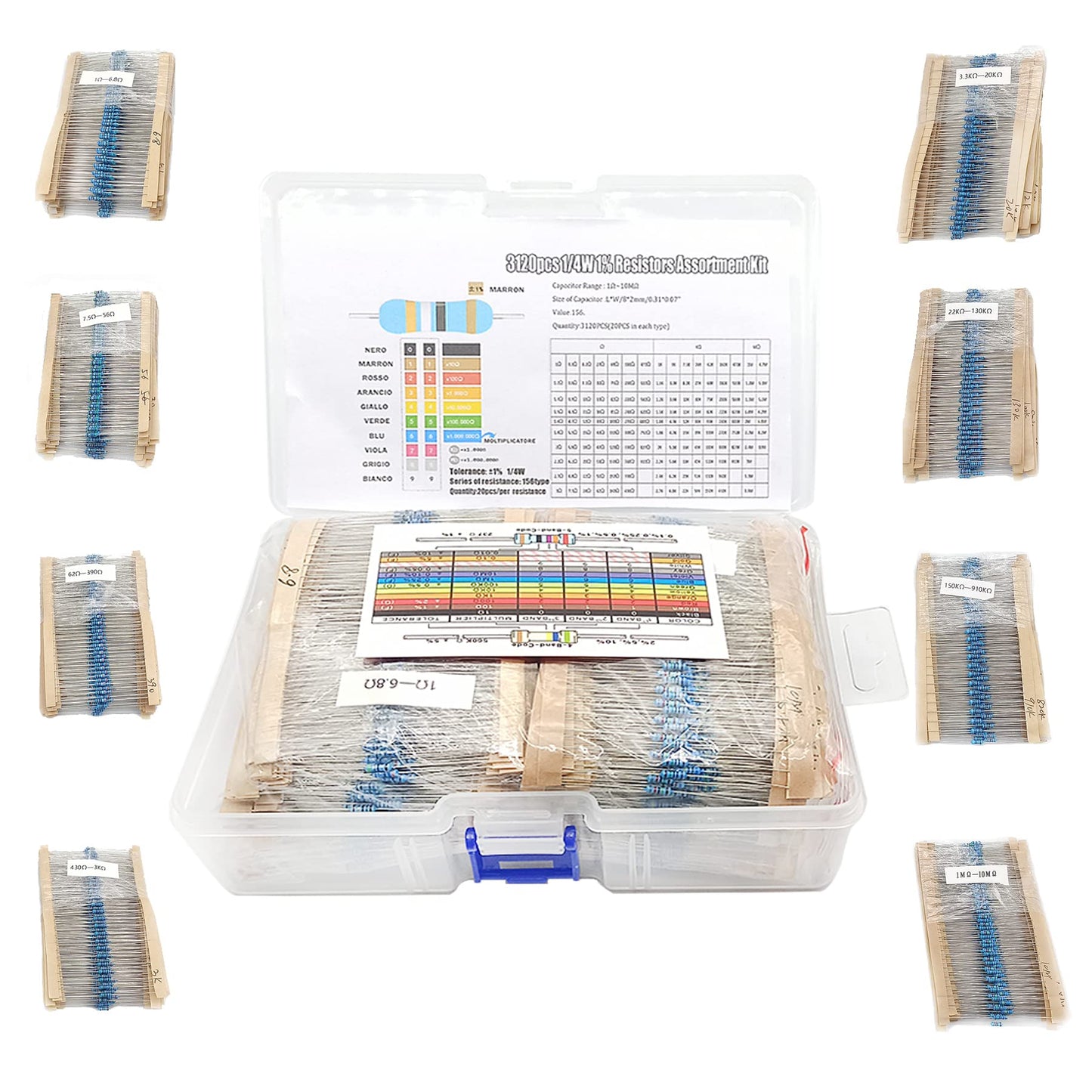 3120pcs 156 Values Metal Film Resistor Kit Minidodoca 1 Ohm-10M Ohm 1/4W 0.25 watt ±1% Tolerance Fixed Resistors Assortment Kit RoHS Compliant 100 1000 1k 10k 100k ohm Resistor Pack for DIY Projects
